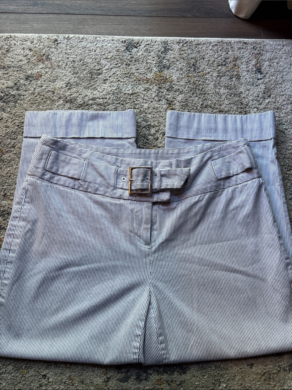 High-Waist Striped Belted Pants - Blue and White